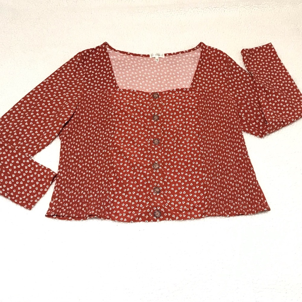 Curvy Sense Floral Button Stretch Top Square Neck Size 1X Long Sleeve